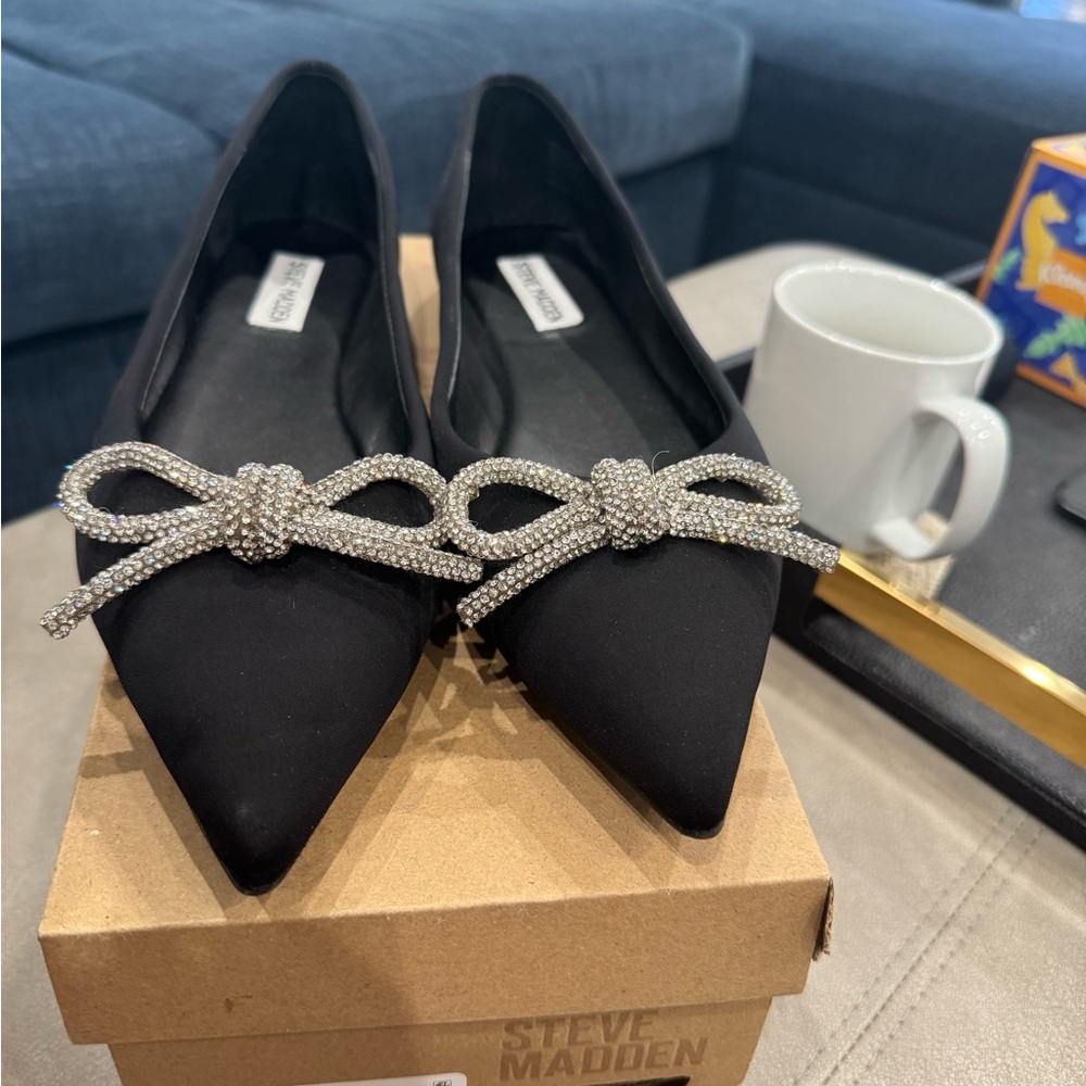 Steve Madden Black Flats with Silver Embellished Bow